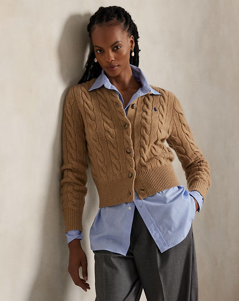Ralph Lauren Cable-Knit Wool-Cashmere Cardigan | Camel