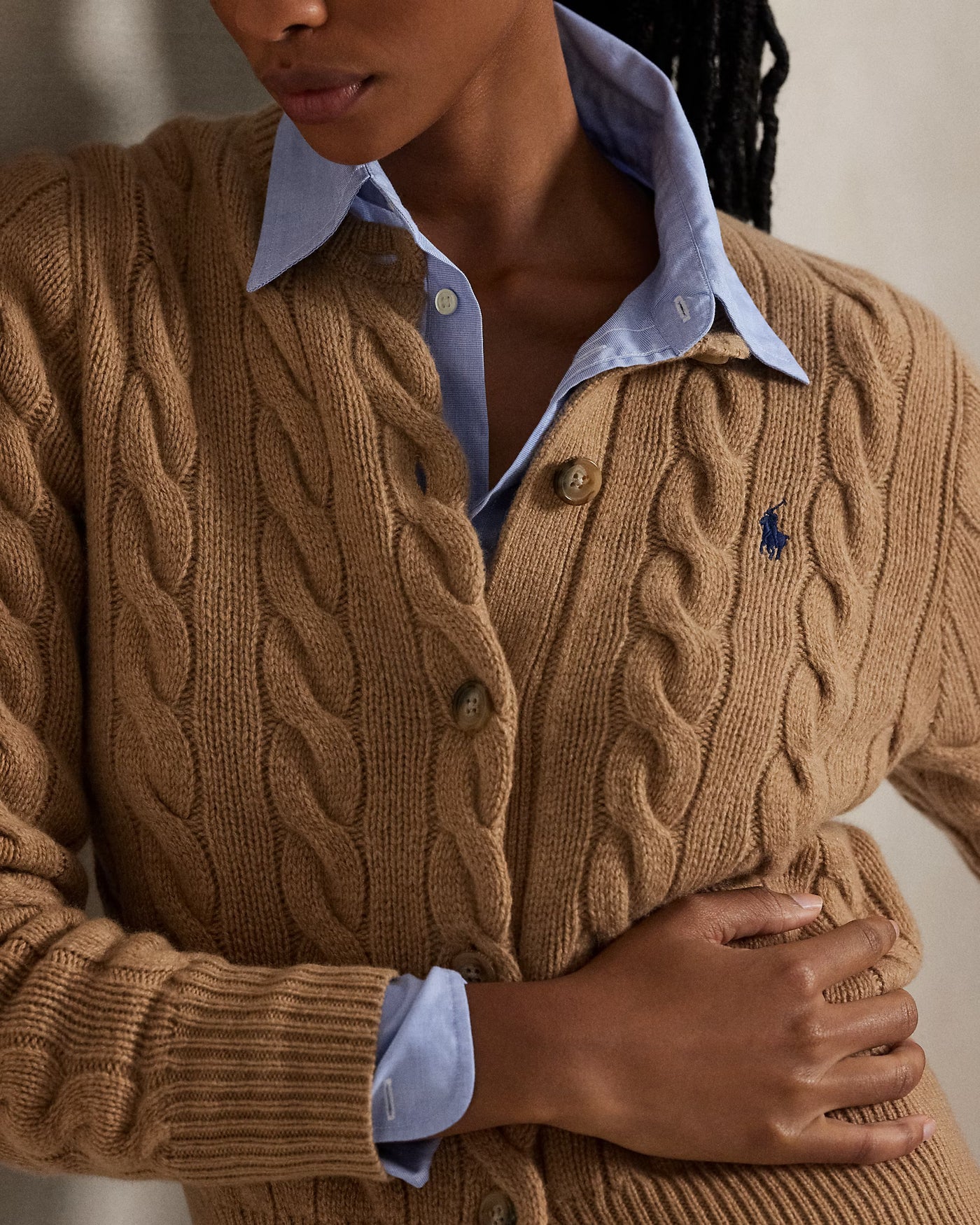 Ralph Lauren Cable-Knit Wool-Cashmere Cardigan | Camel