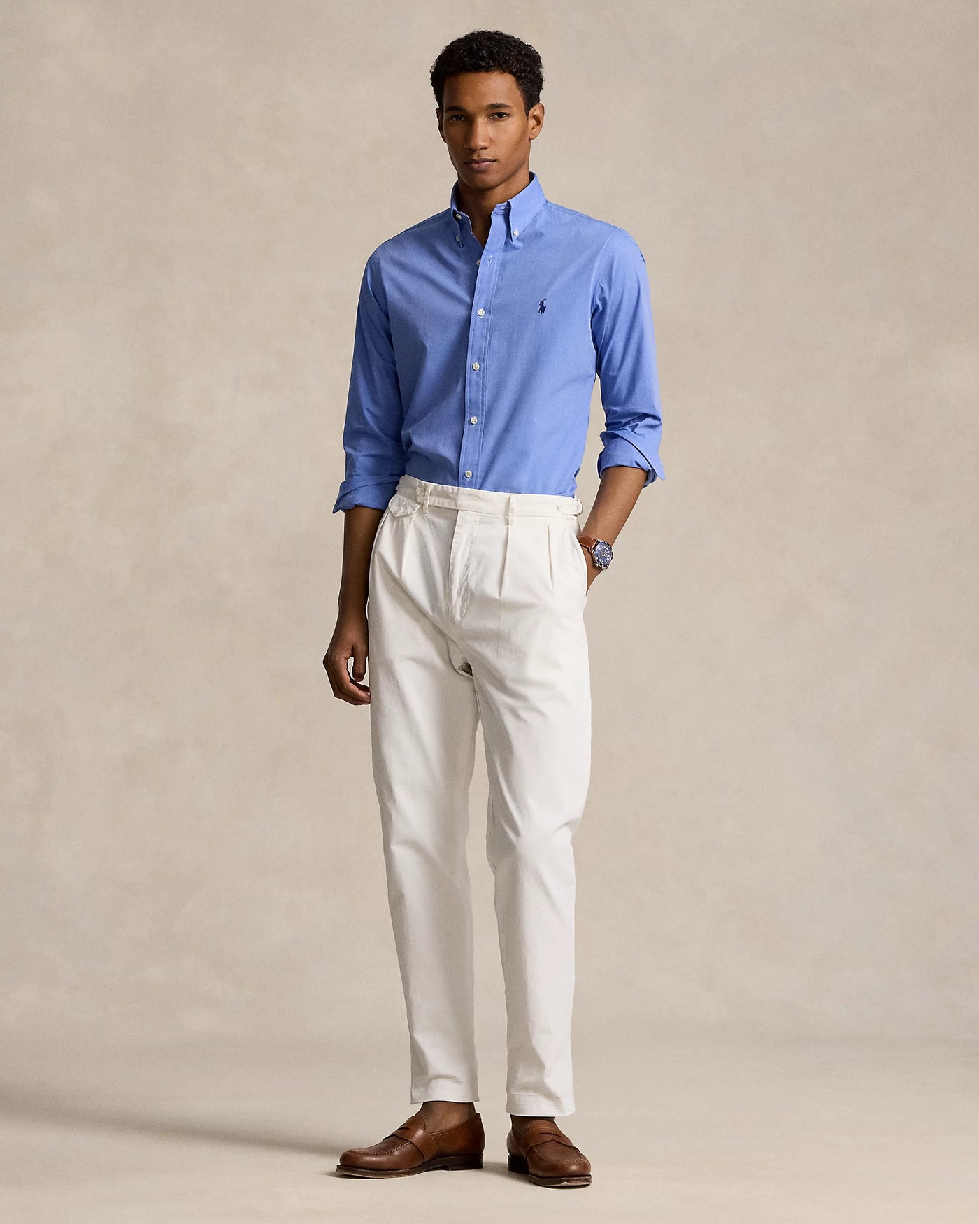 Ralph Lauren Custom Fit Stretch Poplin Shirt | Blue End on End