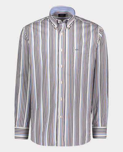 Paul & Shark Cotton Poplin Shirt with Stripes | Blue/Navy/Brown