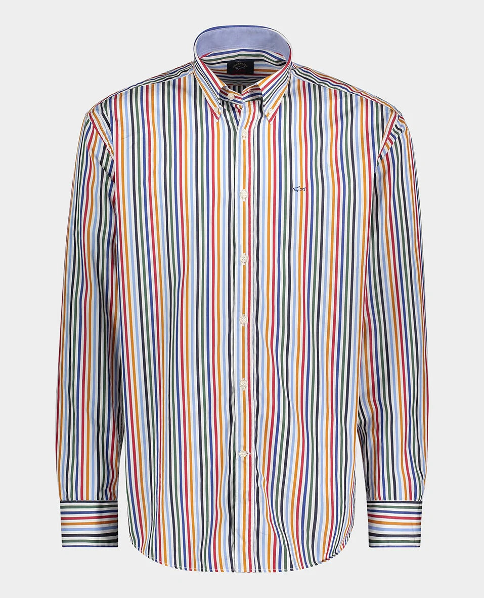 Paul & Shark Cotton Poplin Shirt with Stripes | Blue/Orange/Red